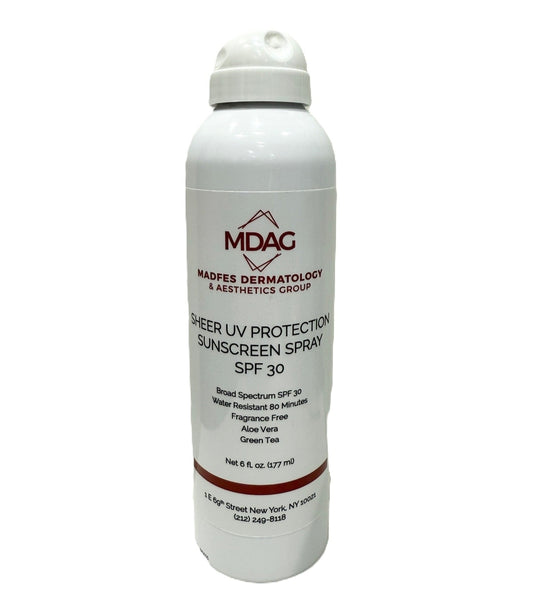 Madfes Dermatology & Aesthetics Group - Sheet UV Protection Sunscreen Spray SPF 30, Water Resistant 80 Minutes, Fragrance-Free, Green Tea + Aloe Vera