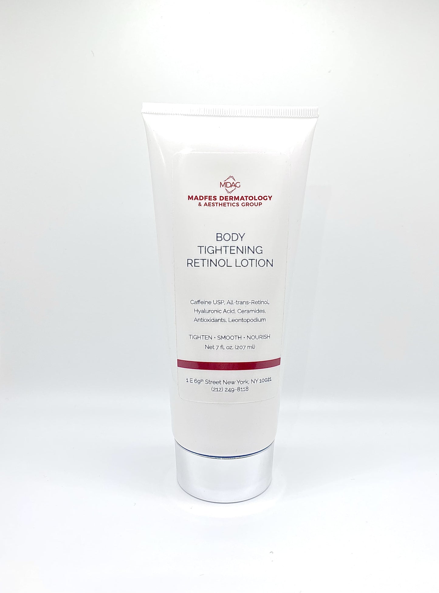 Madfes Dermatology & Aesthetics Group - Body Tightening Retinol Lotion: Caffeine USP, All-Trans-Retinol, Hyaluronic Acid, Ceramides, Antioxidants, Leontopodium