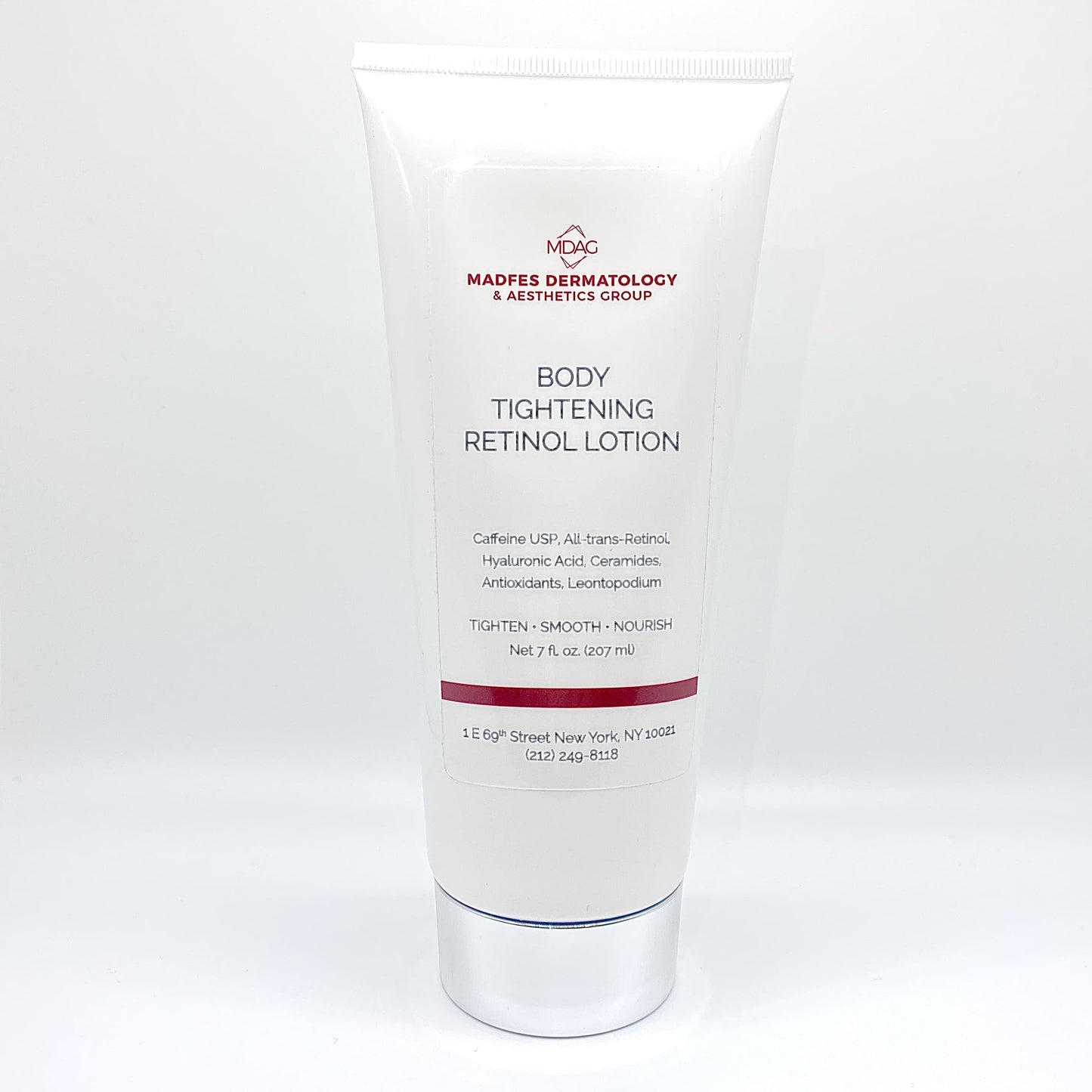 Madfes Dermatology & Aesthetics Group - Body Tightening Retinol Lotion: Caffeine USP, All-Trans-Retinol, Hyaluronic Acid, Ceramides, Antioxidants, Leontopodium
