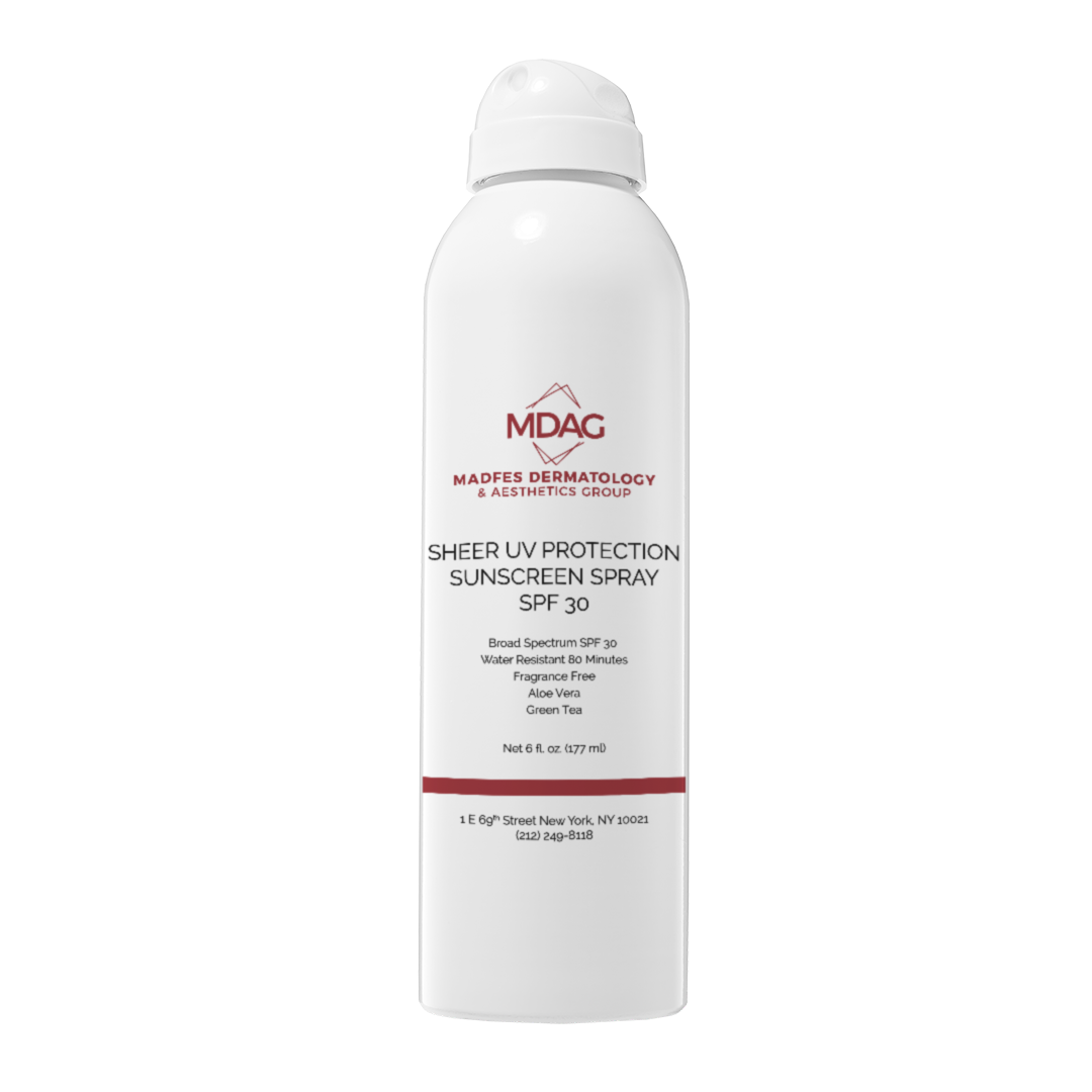 Madfes Dermatology & Aesthetics Group - Sheet UV Protection Sunscreen Spray SPF 30, Water Resistant 80 Minutes, Fragrance-Free, Green Tea + Aloe Vera