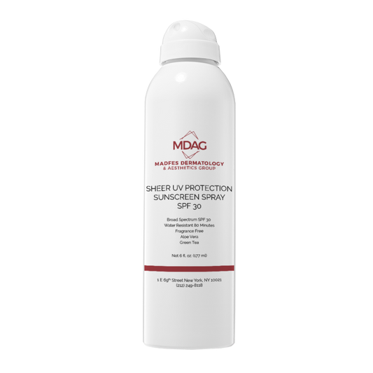 Madfes Dermatology & Aesthetics Group - Sheet UV Protection Sunscreen Spray SPF 30, Water Resistant 80 Minutes, Fragrance-Free, Green Tea + Aloe Vera