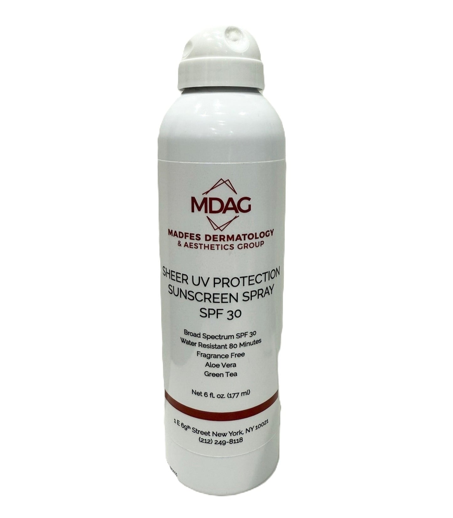 Madfes Dermatology & Aesthetics Group - Sheet UV Protection Sunscreen Spray SPF 30, Water Resistant 80 Minutes, Fragrance-Free, Green Tea + Aloe Vera